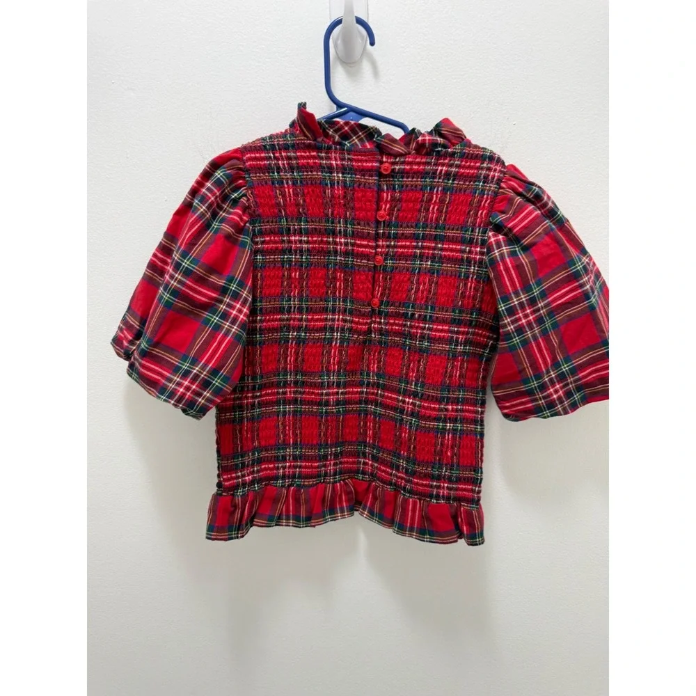 Janie and Jack Girls Red Plaid Tartan Smocked Top Puff Sleeve Holiday Size 8